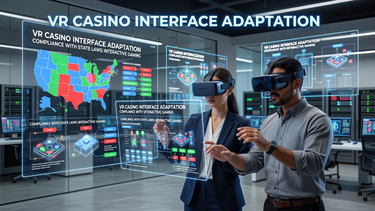 Virtual reality casino interface showing customizable controls and compliance overlays for different state regulations