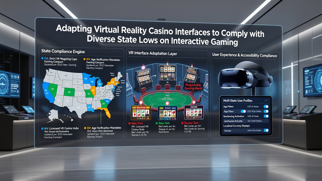 Close-up of VR headset display with age verification prompt and state-specific responsible gaming menu