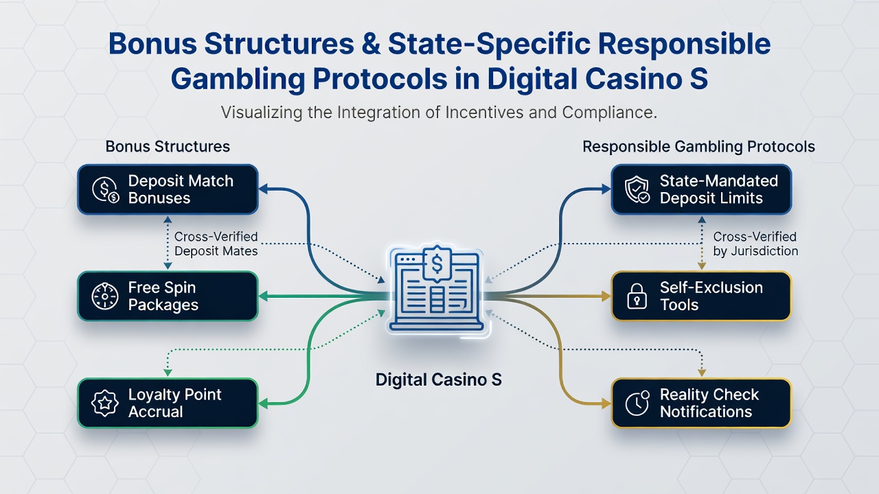 Flowchart illustrating how state responsible gambling rules connect to bonus eligibility checks in casino apps