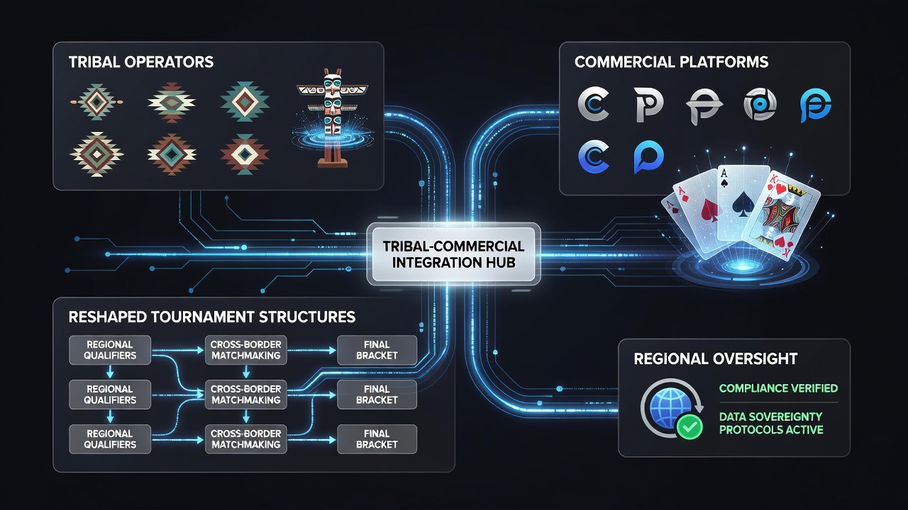 Tribal casino operators and commercial platforms exchanging secure data streams for digital card tournaments