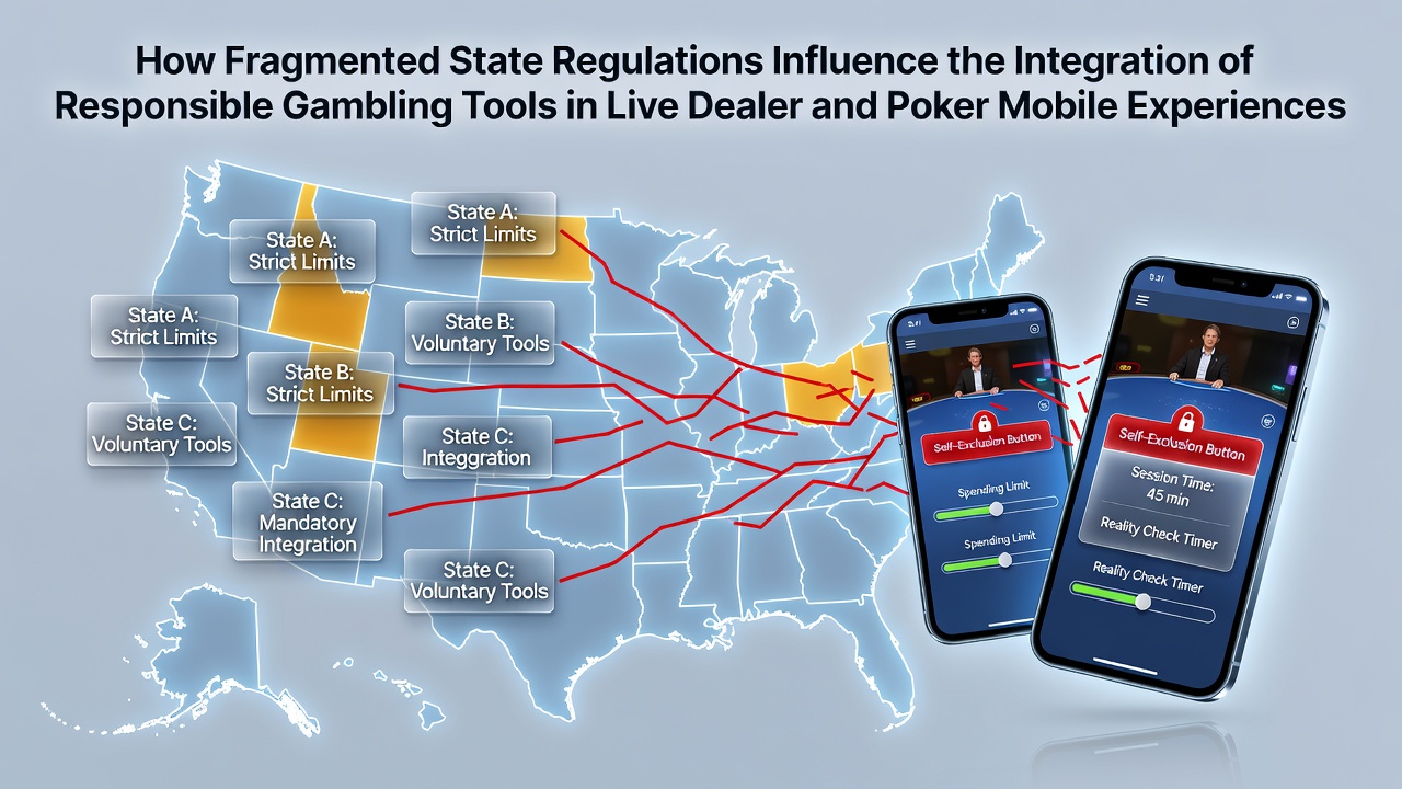 Mobile app interface showing responsible gambling tools in a live dealer poker session under varying state rules