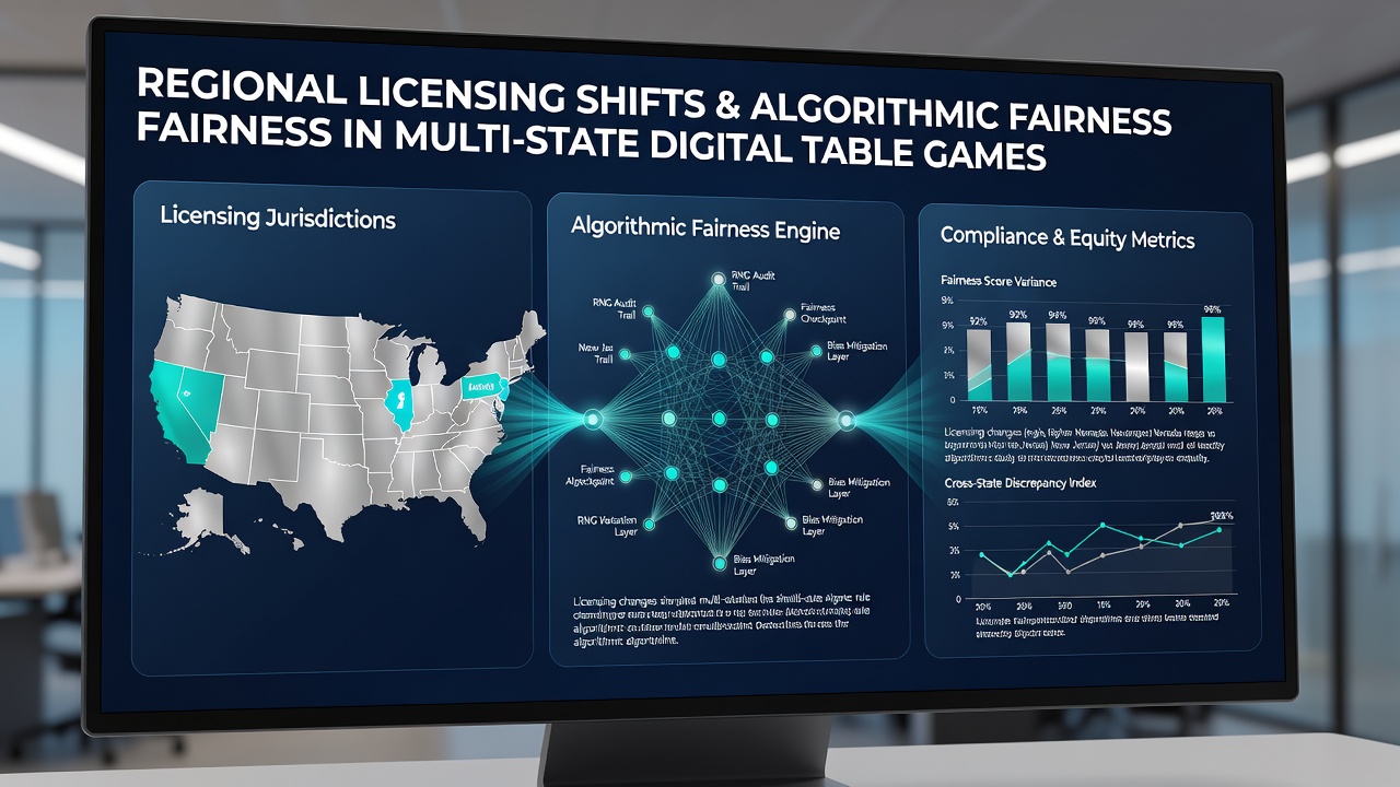 Close-up of server racks processing real-time fairness checks with overlaid state regulatory icons