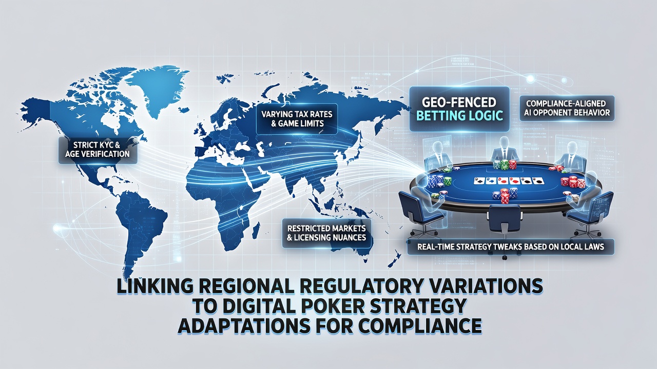Digital poker interface showing multi-state regulatory compliance indicators and strategy adjustment panels