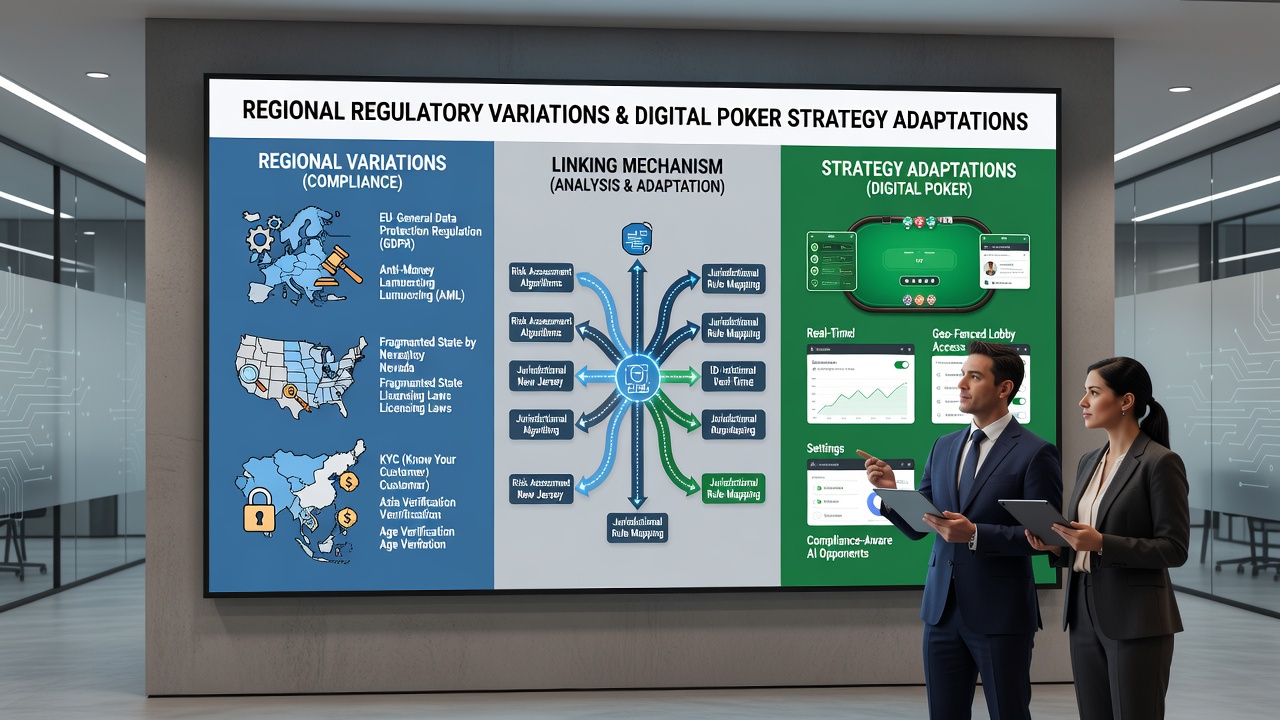 Split-screen view of poker strategy dashboards adapting to different regional compliance rules in June 2026