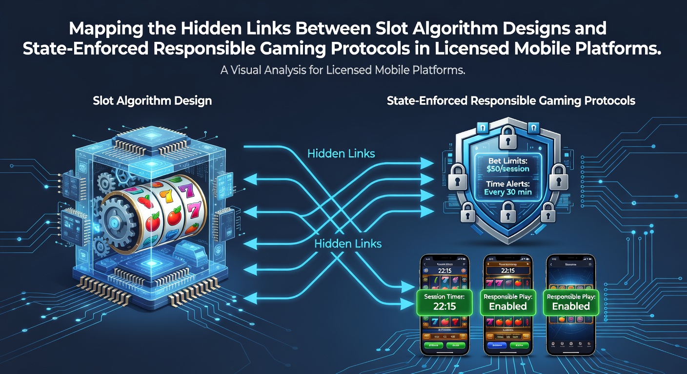 Diagram showing connections between slot algorithm components and state responsible gaming requirements in mobile apps