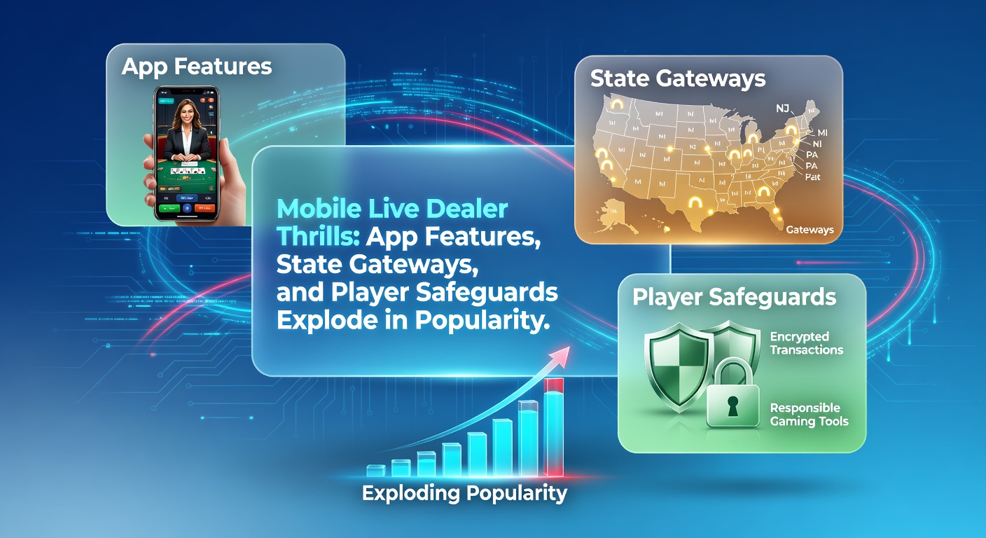 Map of U.S. states highlighting legalized online gambling regions with icons for live dealer apps, overlaid on a mobile phone screen