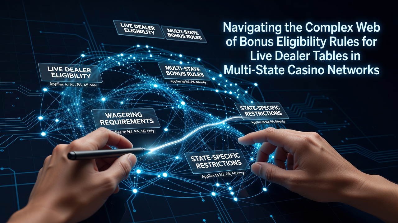 Diagram showing interconnected state lines and bonus eligibility pathways for live dealer casino tables across multiple jurisdictions