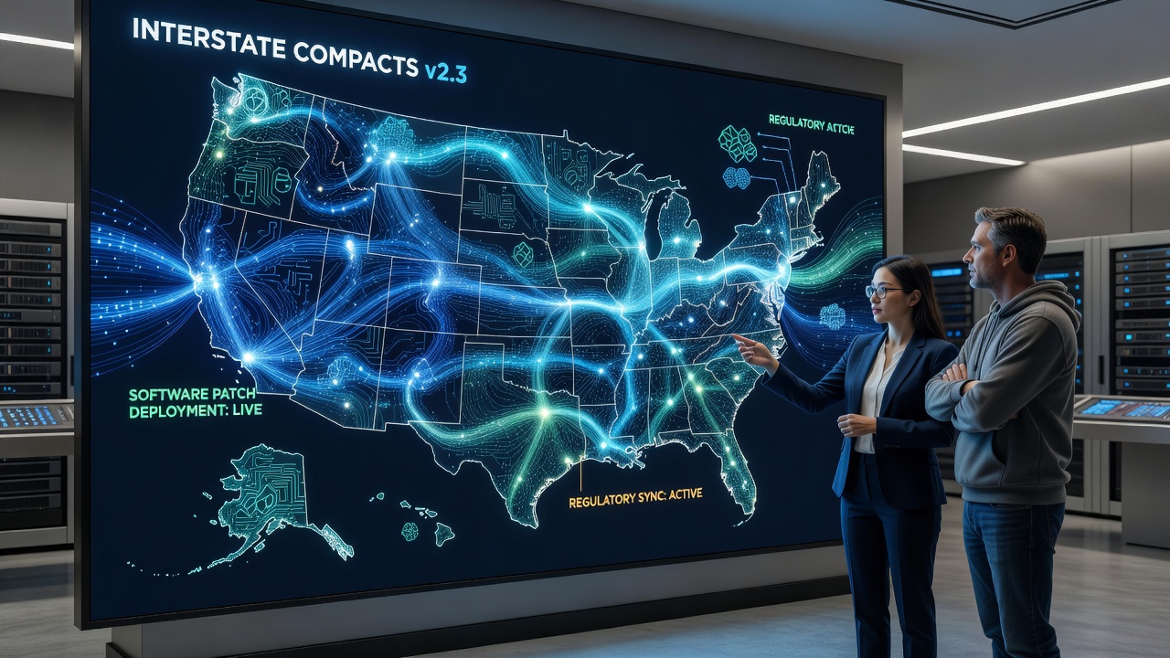 Developers reviewing poker platform code updates for interstate compliance features