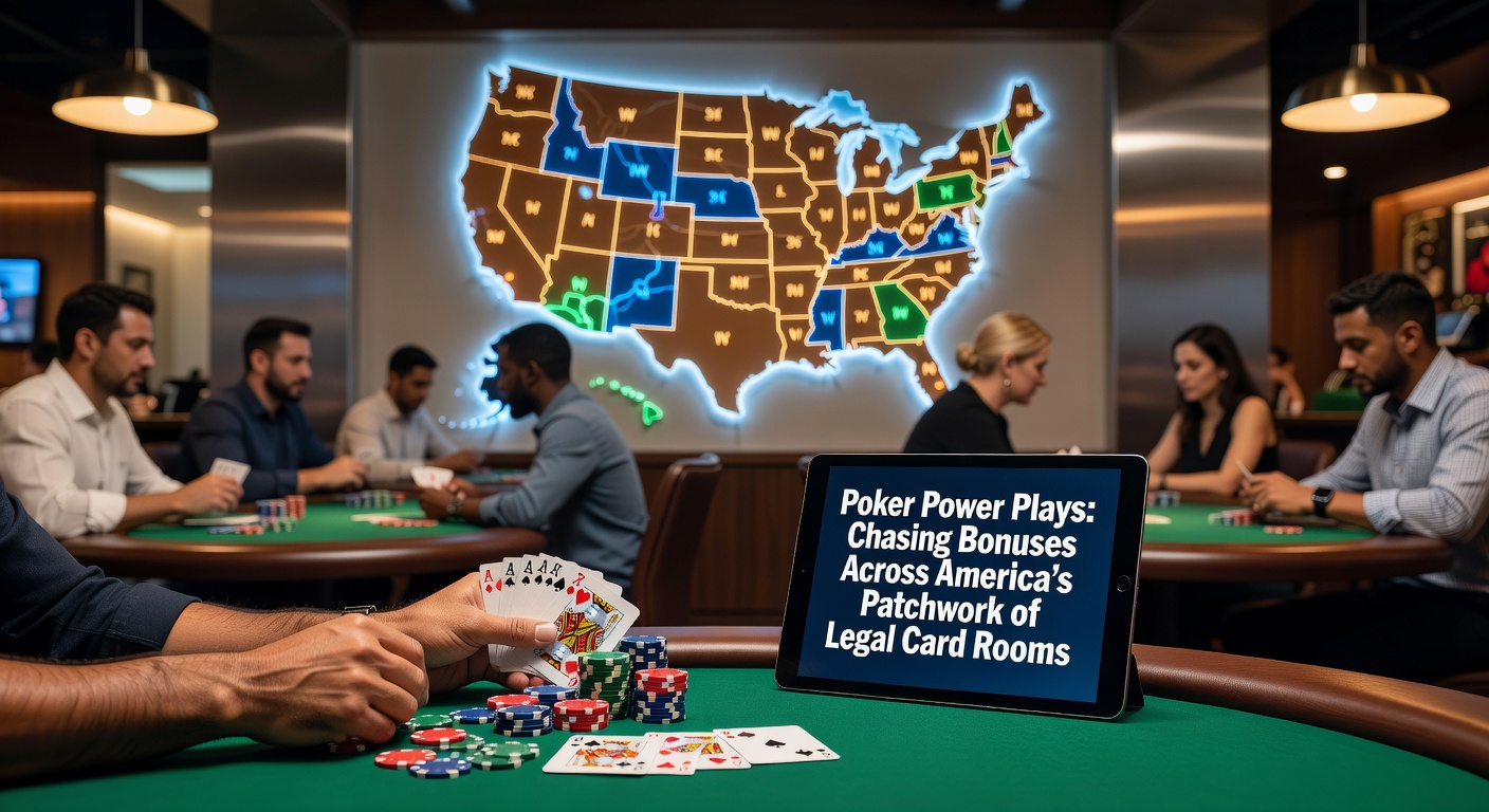 Vibrant poker table in a bustling U.S. card room where players chase lucrative bonuses amid stacks of chips and dealt cards