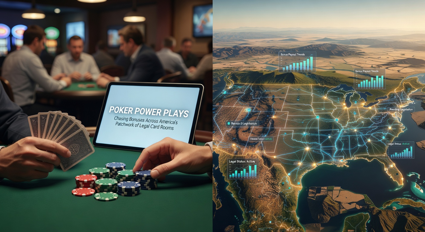 Grinders reviewing bonus trackers on laptops amid a lively poker room atmosphere, highlighting strategies for cross-state bonus chasing