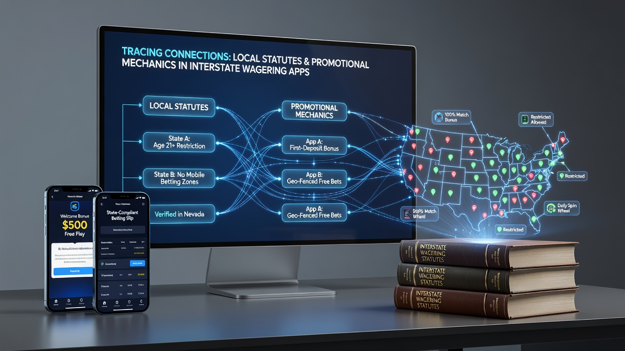 Illustration of interstate wagering app interfaces connected to state regulatory maps showing statute overlays and promotional rule variations