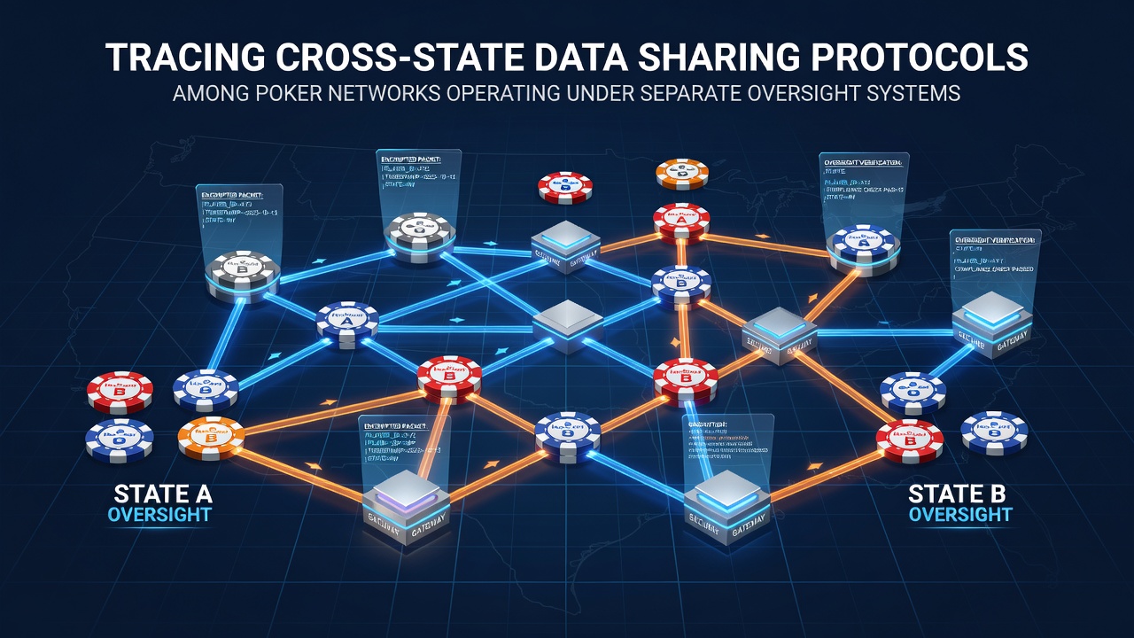 Diagram showing interconnected poker network nodes across multiple state regulatory boundaries with data flow arrows