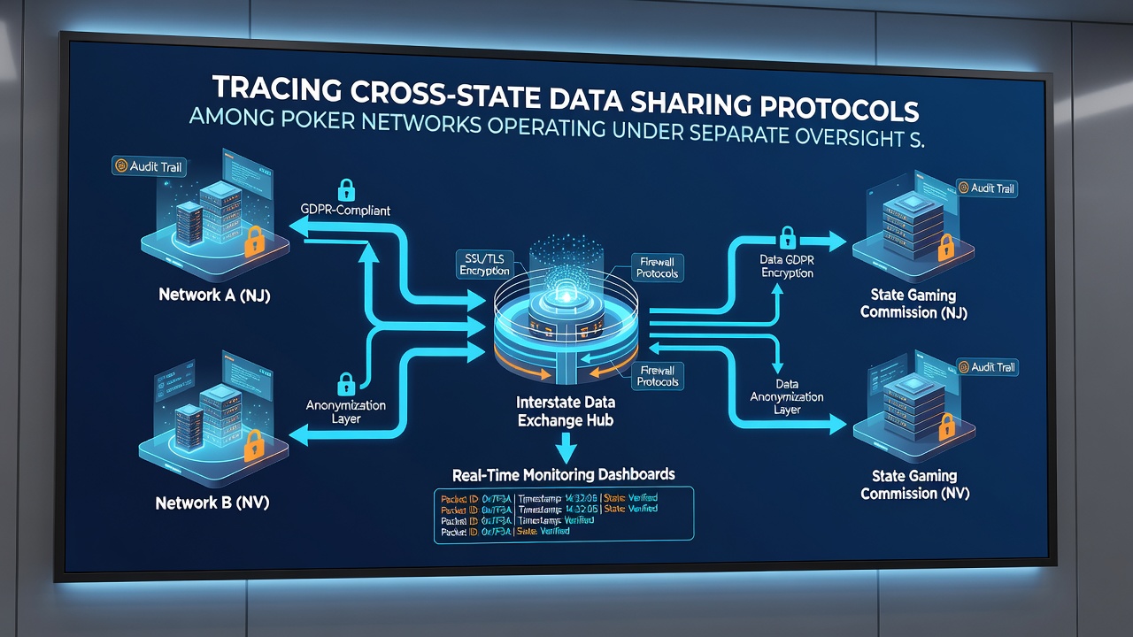 Network architecture map illustrating secure API gateways between poker platforms in different states