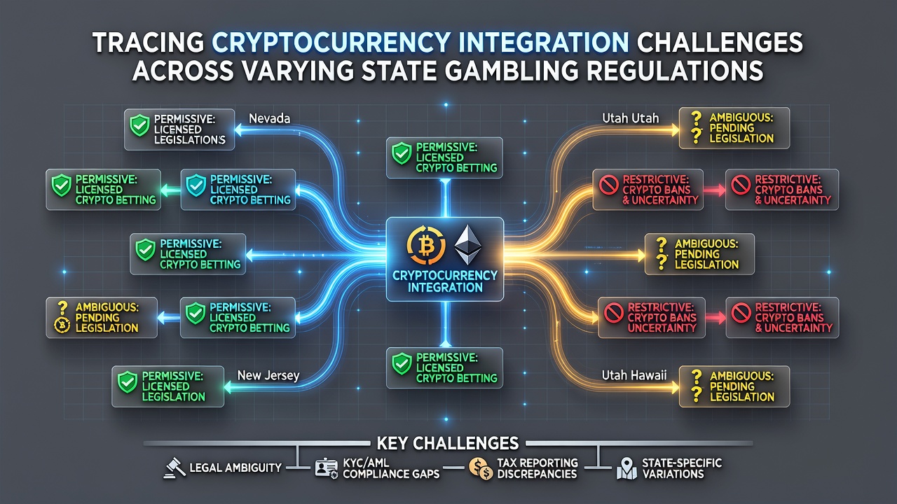 Cryptocurrency integration challenges visualized across US state gambling maps and regulatory symbols
