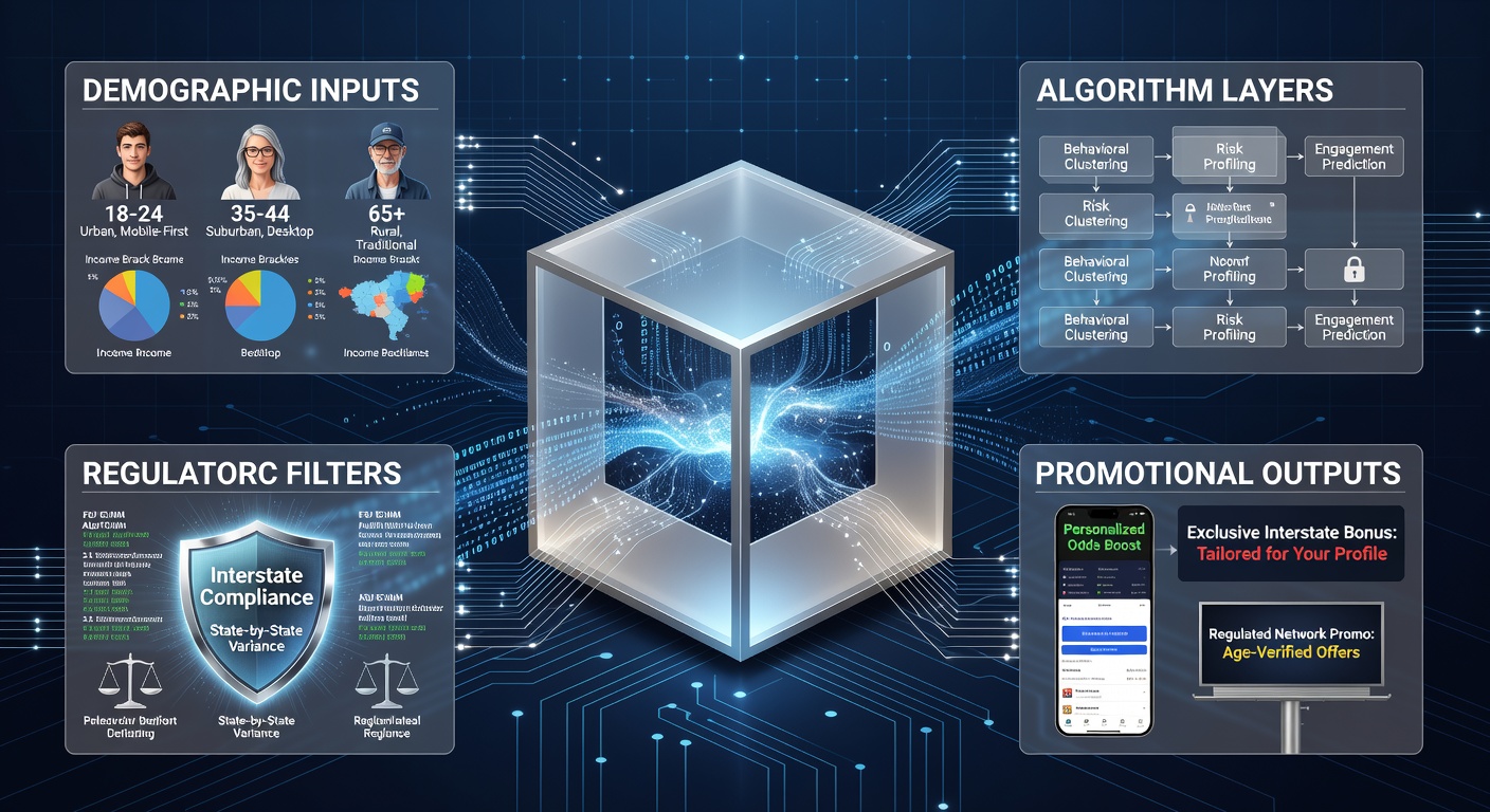 Illustration of demographic data flows connecting user profiles to targeted betting promotions across state lines