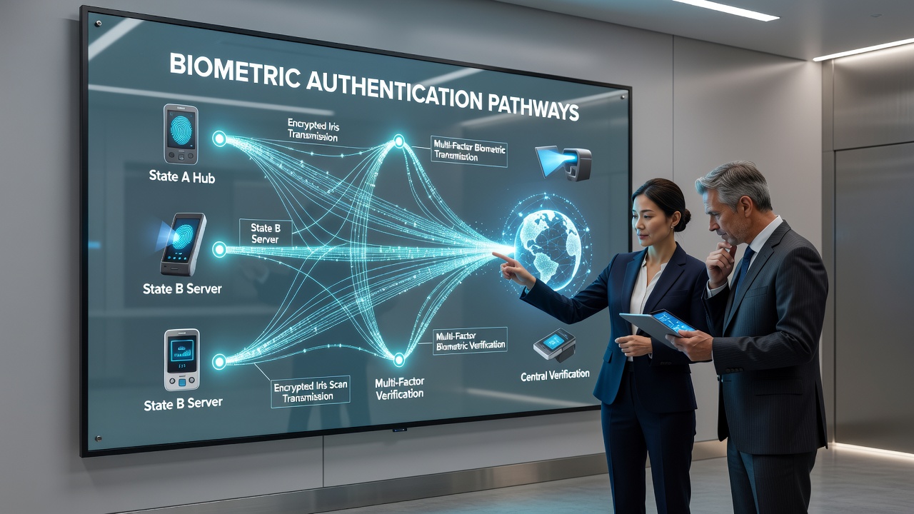 Network diagram illustrating data pathways between biometric servers and state wagering regulators